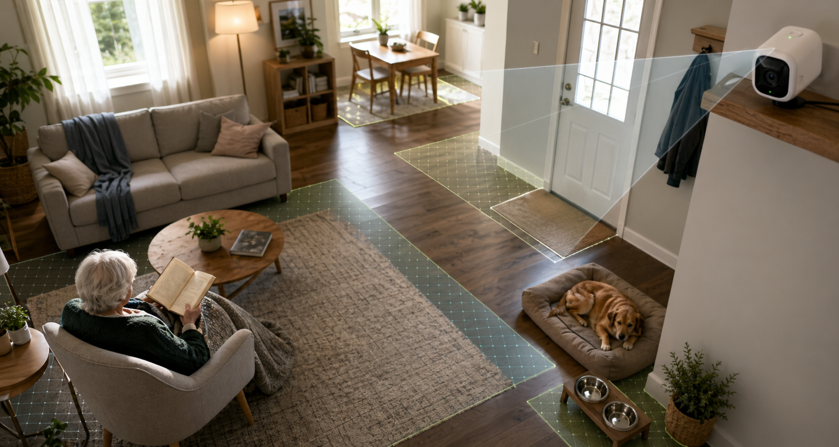 Warm home interior with a discreet Raspberry Pi camera monitoring floor-level activity zones