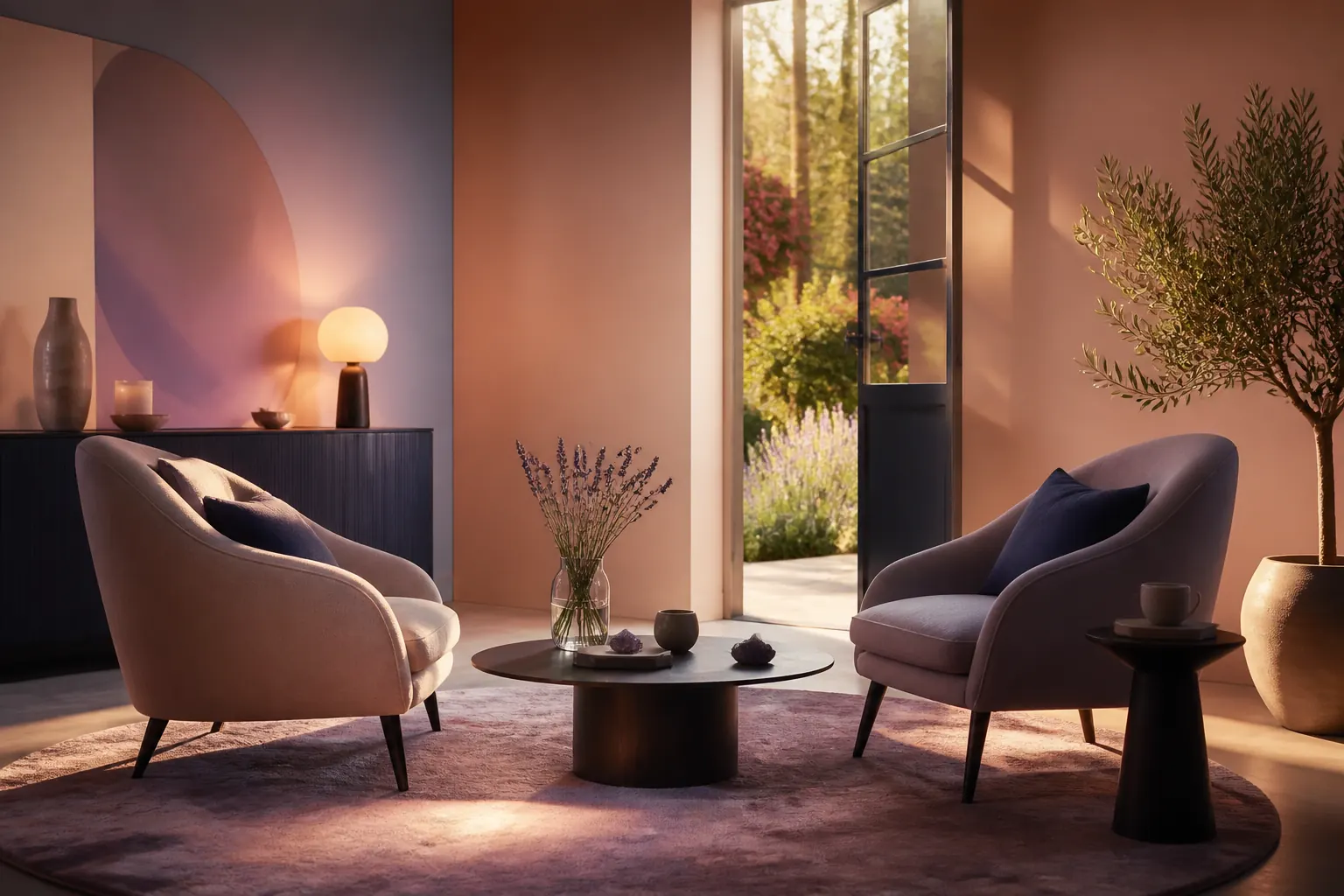 Two chairs in a warm consultation room with an open doorway to a garden