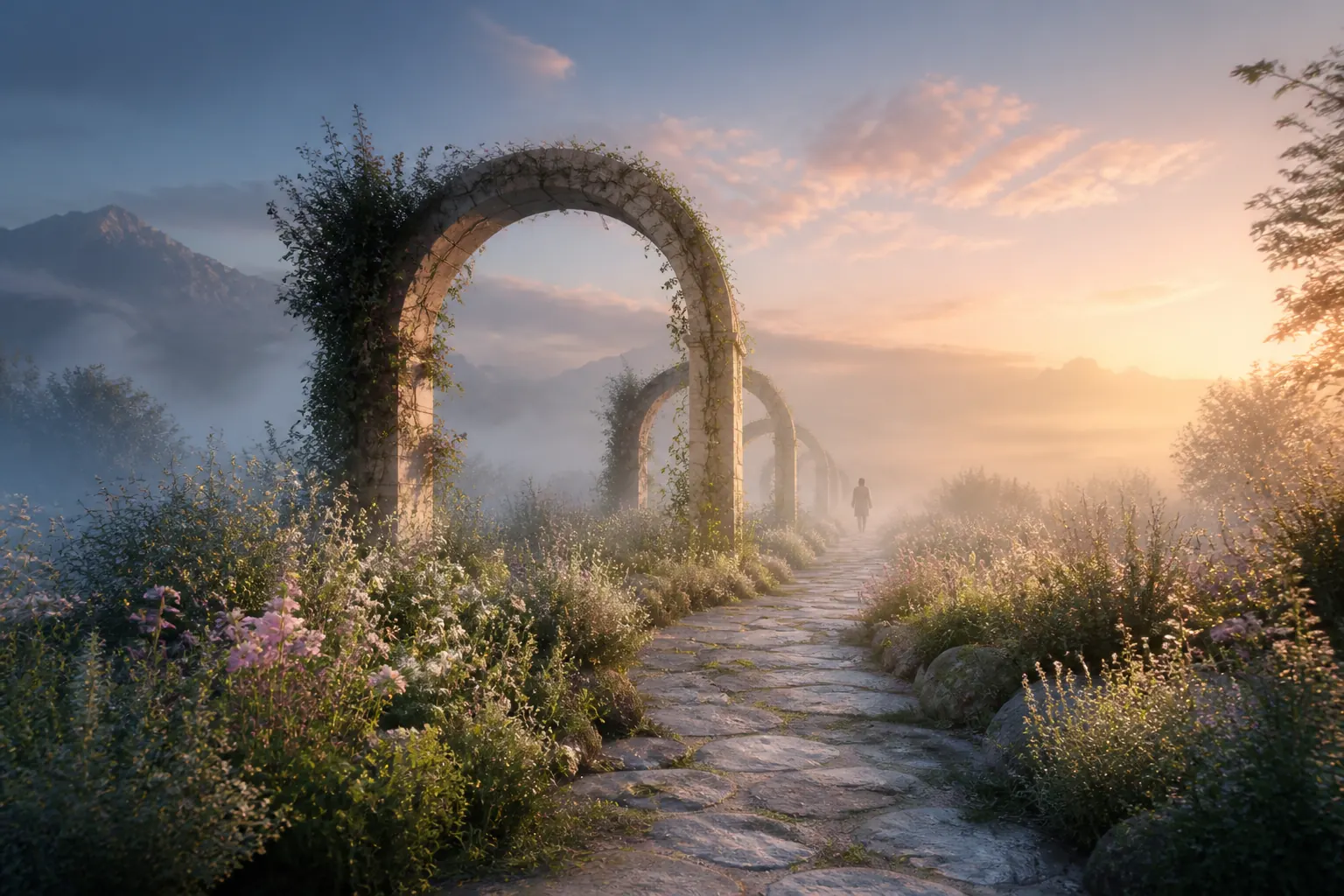 A morning path through garden arches moving from mist into warm light