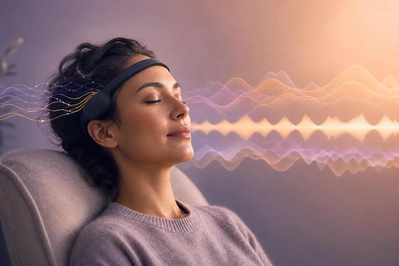 EEG headband data represented as calm brainwave and audio waveforms around a person at rest