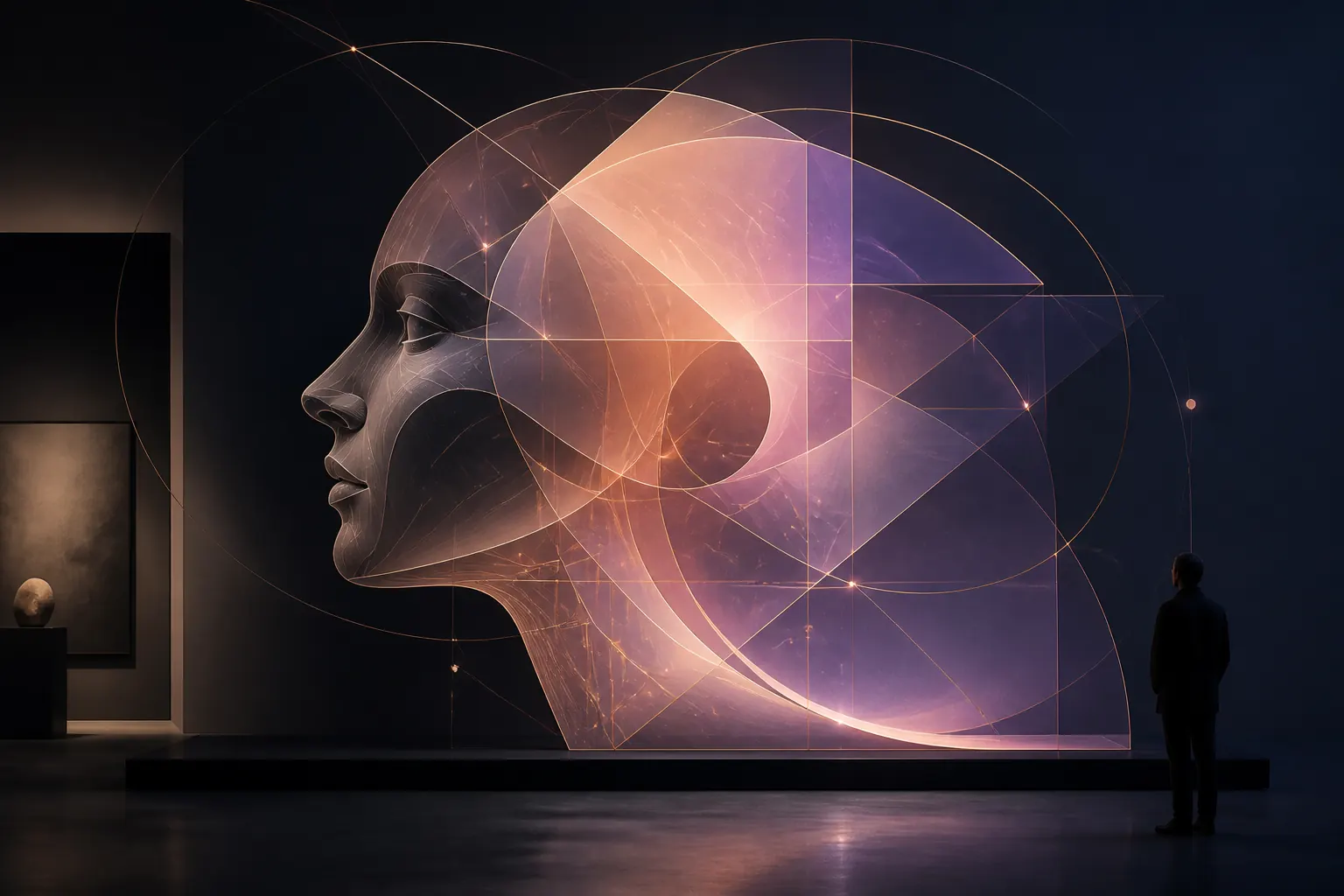 An abstract human profile formed from luminous geometric curves in a dark gallery