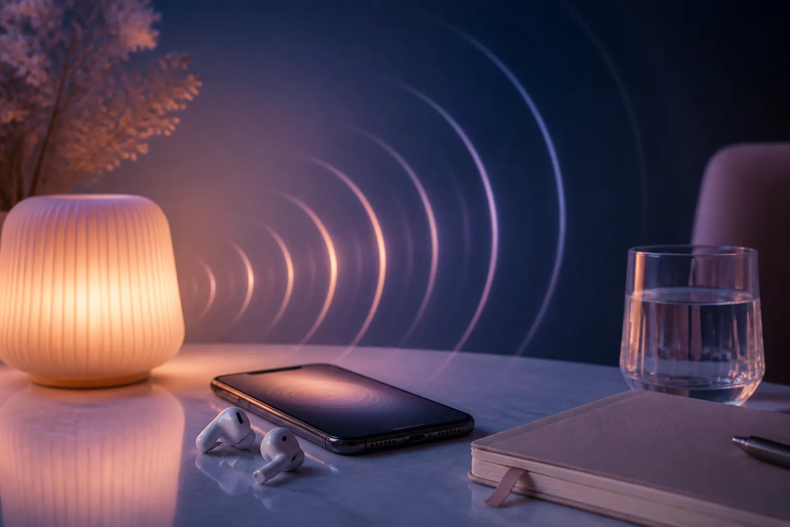 Phone and earbuds in a quiet private setting with soft sound-wave light