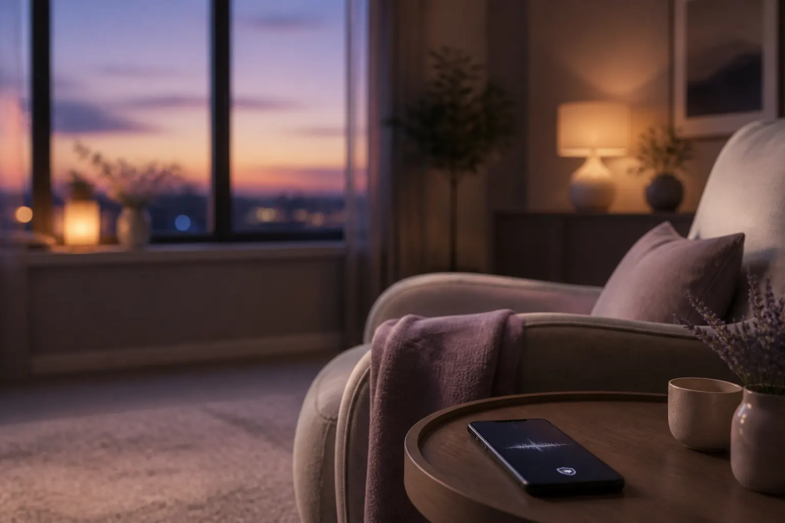 A private phone consultation in a calm room, represented by a phone with an abstract voice waveform