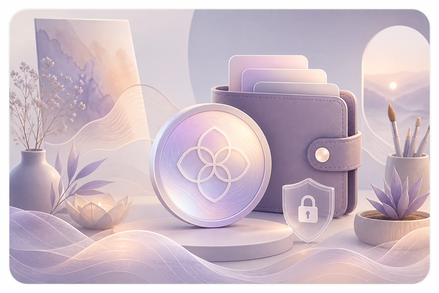 A calm illustration of a secure digital wallet and wellness token