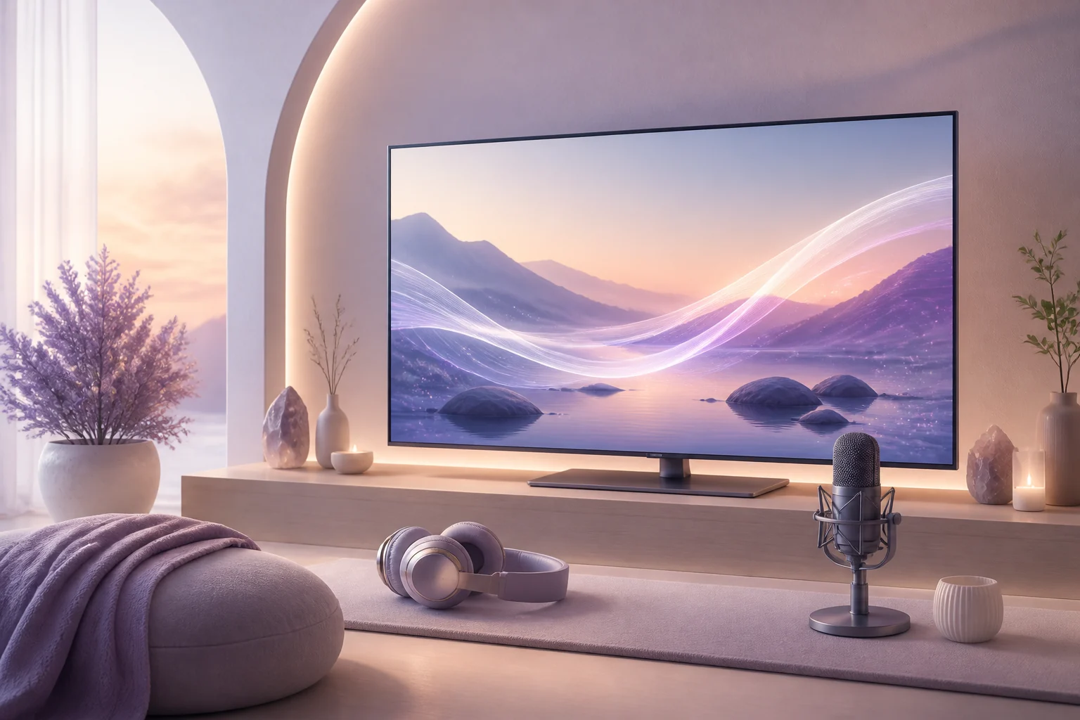 A calm wellbeing streaming studio with a screen, headphones and broadcast microphone