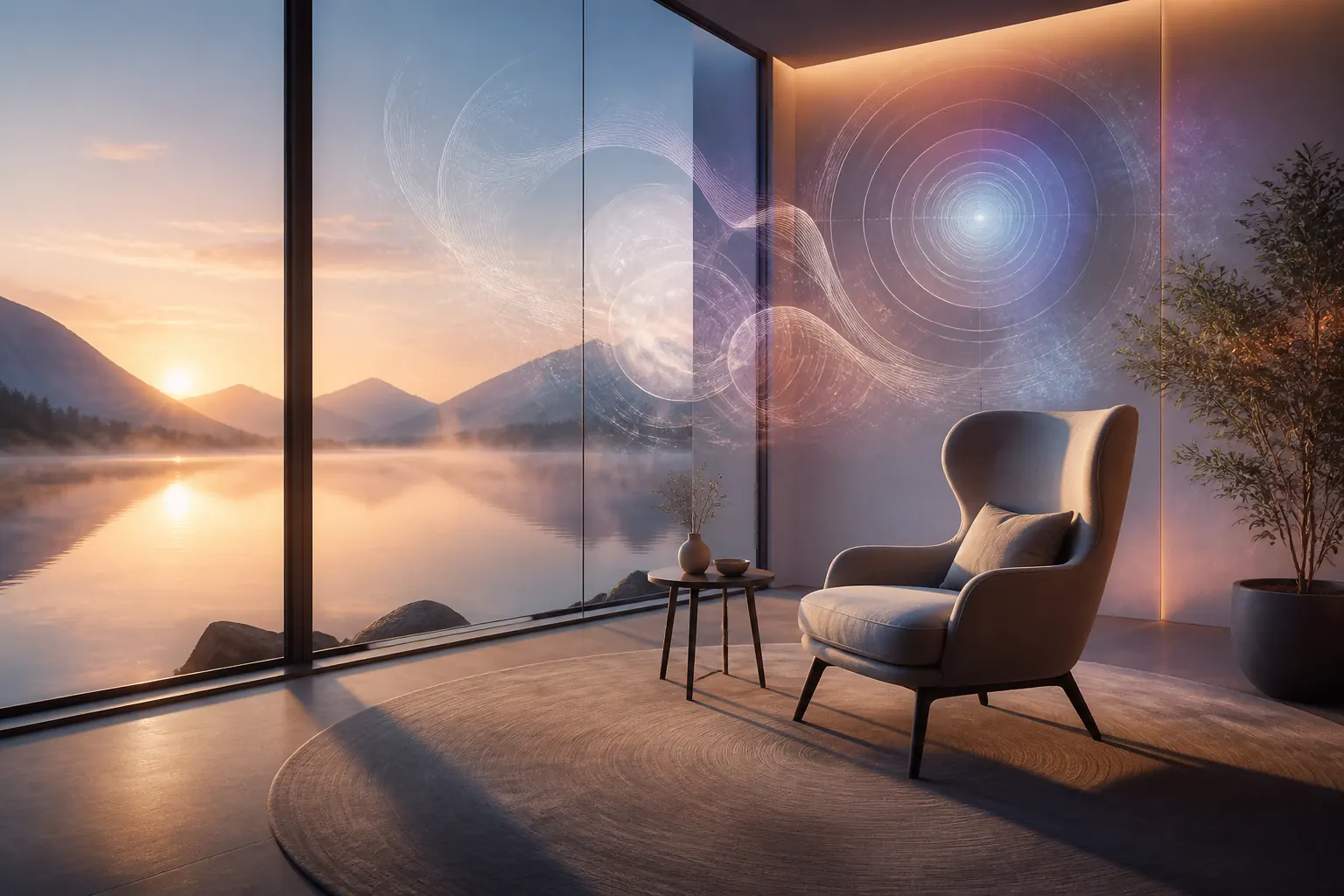A calm therapy room overlooking a mountain lake, with subtle concentric forms suggesting focused awareness