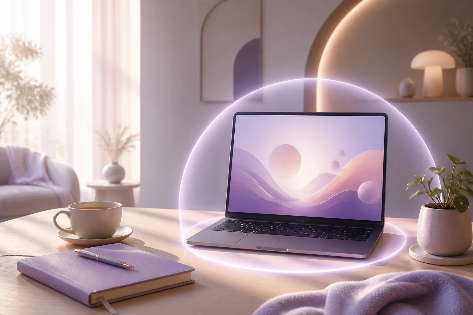 A private offline wellbeing workspace with a laptop, journal and protective light around the device