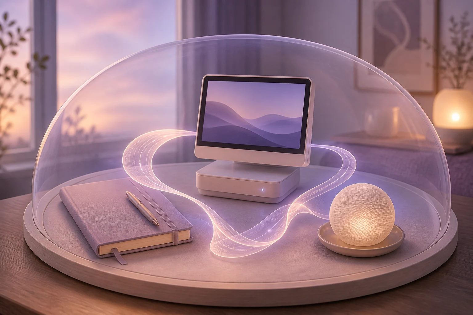 A journal, local computer and calm breathing light connected inside a private protective enclosure