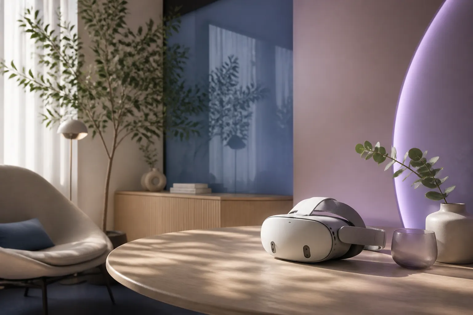 Virtual-reality headset in a calm therapeutic environment