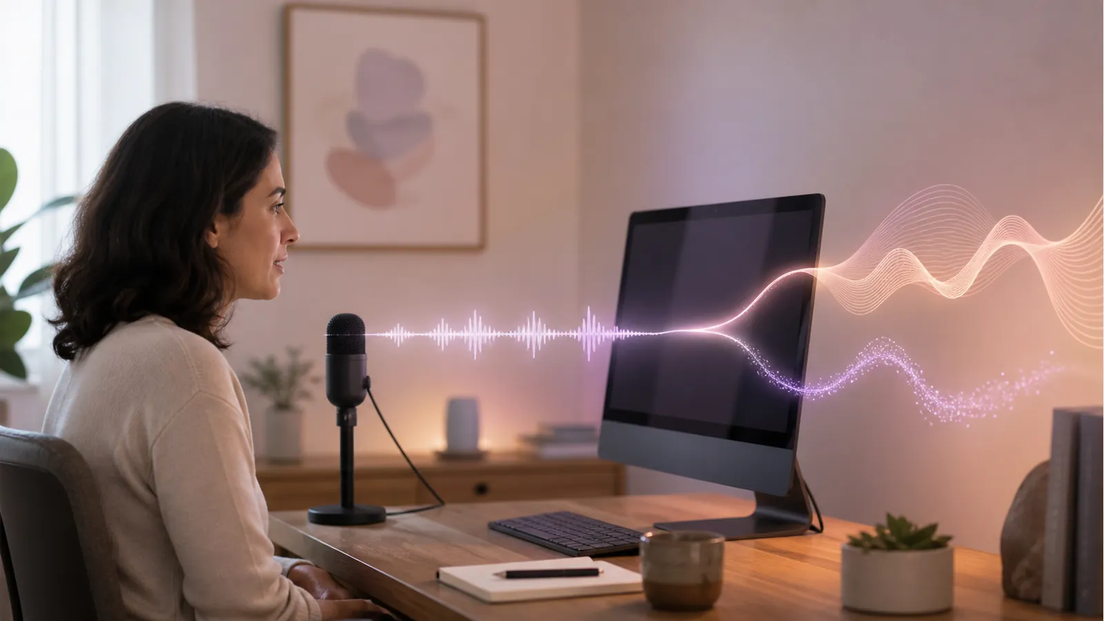 A person speaking into a desktop microphone while a private on-device voice analysis separates the signal into two abstract patterns
