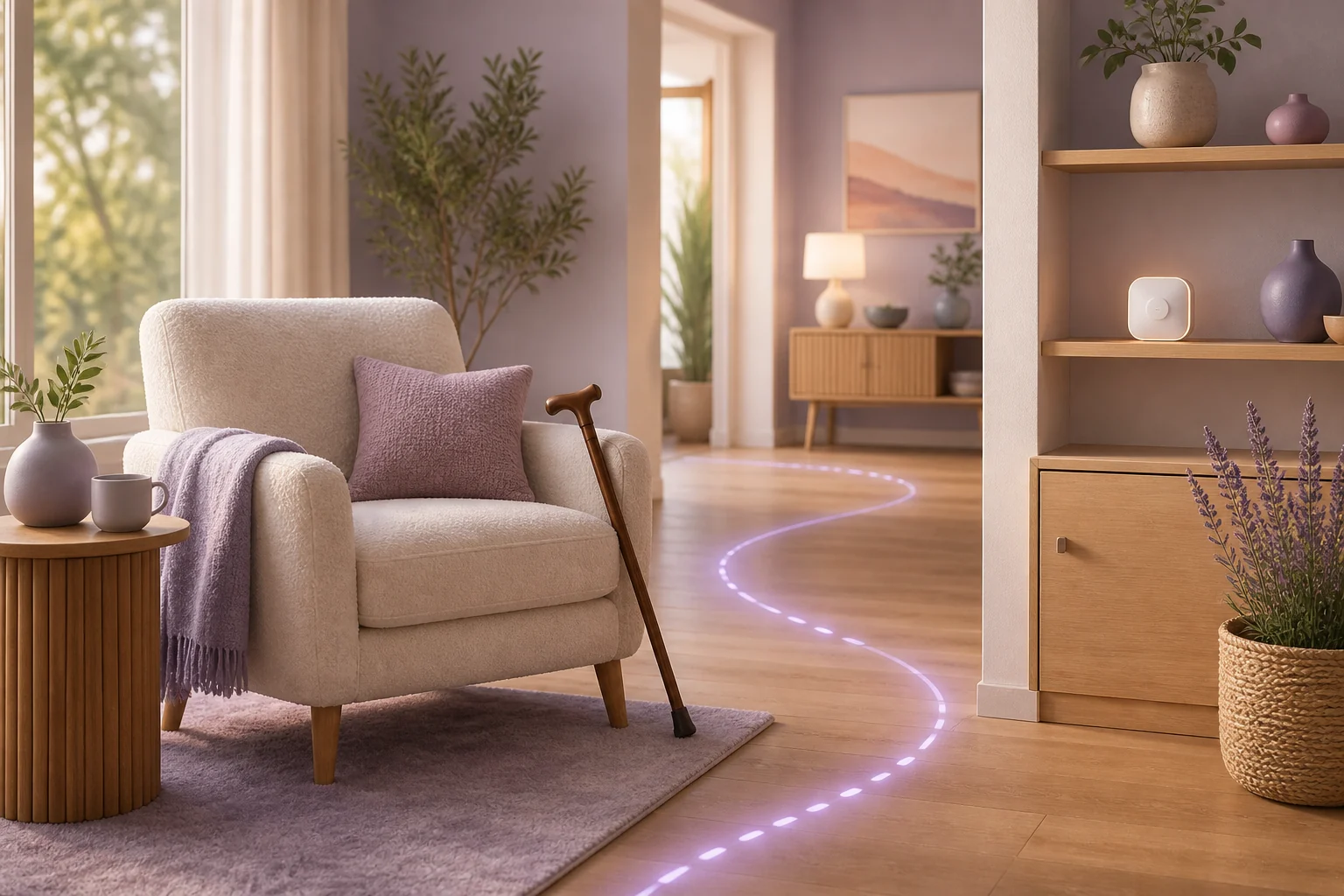 A comfortable senior-friendly living room with an unobtrusive local sensor and abstract activity path